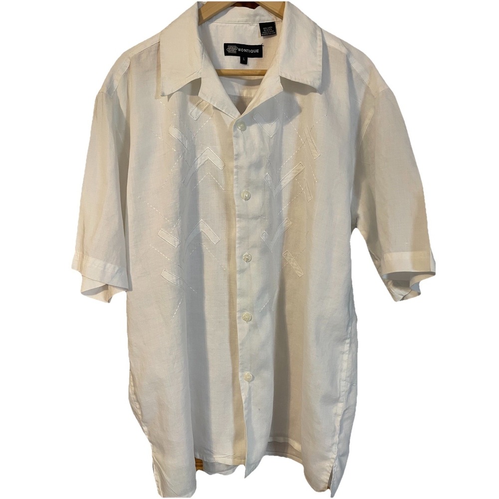 Montique Linen Mens Shirt Sz L White Embroidered Appliqué Short Sleeve Coastal